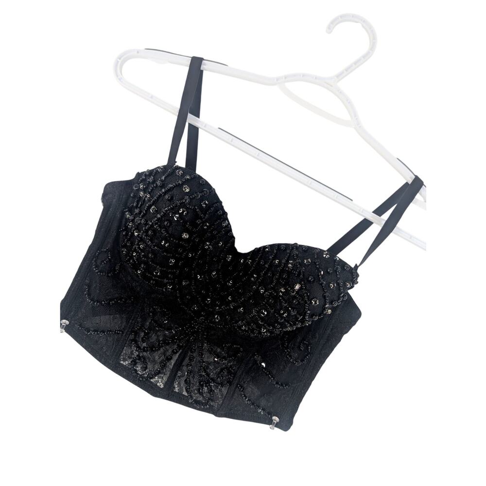 WINDSOR! DAZZLING BLACK BEAD, RHINESTONE & SEQUIN BUSTIER BRA TOP! SIZE XS